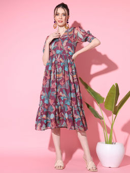 Vbuyz - Women Printed Chiffon Purple Stitched Dress