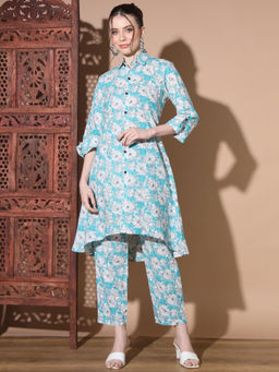 Vbuyz - Women Floral Print Cotton Turquoise Kurta and Pant Co-Ord (Set of 2)