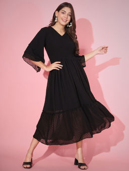 Vbuyz - Women Knitted Flared Georgette Black Stitched Dress