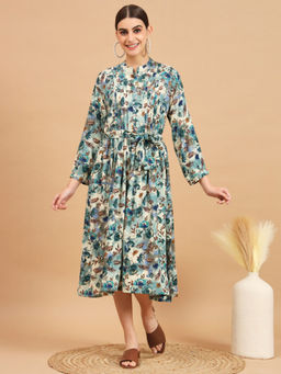 Vbuyz - Women Foil Print Flared Rayon Aqua Midi-Dress (Set of 2)