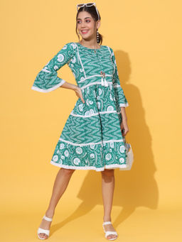 Vbuyz - Women Floral Printed Flared Cotton Green Stitched Dress