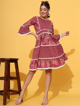 Vbuyz - Women Floral Printed Flared Cotton Red Stitched Dress