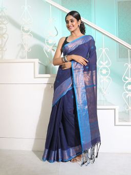 CHARUKRITI - Navy Blue Cotton Handspun Saree with Motifs and Borders and Pallu with Unstitched Blouse