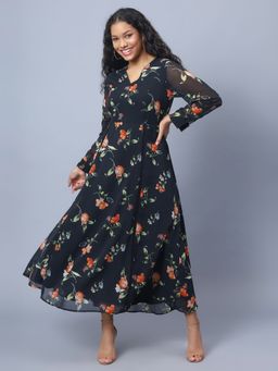 AMAGYAA - Women Black Floral Midi Dress