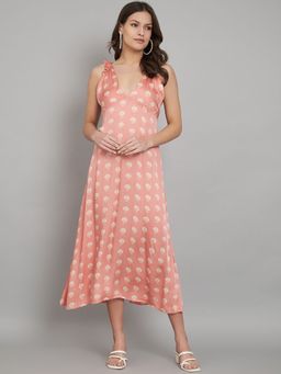 AMAGYAA - Women Peach Printed Midi Dress