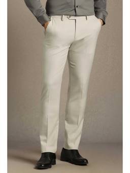 Louis Philippe - Men Cream Straight Fit Textured Flat Front Formal Trouser