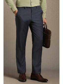 Louis Philippe - Men Navy Blue Straight Fit Textured Flat Front Formal Trouser