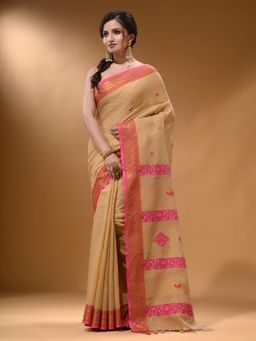 Arhi - Beige Cotton Blend Handwoven Nakshi Design Saree with Unstitched Blouse