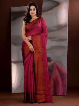 CHARUKRITI - Magenta Cotton Blend Zari Handwoven Saree with Unstitched Blouse