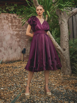 House of Fett - Vanessa Organza Applique Floral Dress - Wine