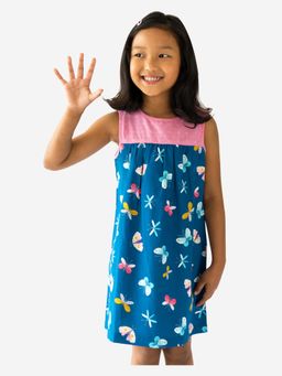 Campana - Girls Alice Dress with Yoke - Butterflies Print - Navy Blue and Pink