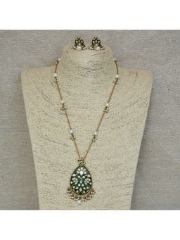 Malaiyyo - Green Enamel Polki Pendant Necklace and Earrings