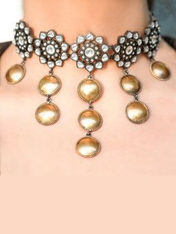 Malaiyyo - 22K Gold Plated Rhodium Polki Dome Necklace with Earring