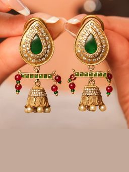 Malaiyyo - 22K Gold Plated Emerald Teardrop Bar Jhumka Earrings