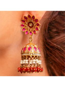Malaiyyo - 22K Gold Plated Pink Enamel Jhumka Earrings