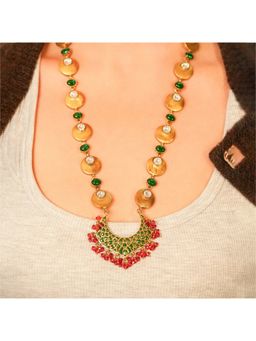 Malaiyyo - 22K Gold Plated Green Stone Polki Enamel Necklace with Earring