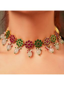 Malaiyyo - 22K Gold Plated Ruby Emerald Enamel Polki Choker Necklace with Earring