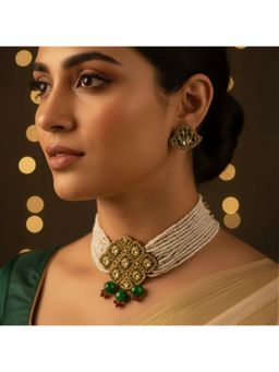 Malaiyyo - 22K Gold Plated Antique Polki Green Stone Pearl Choker Necklace with Earring