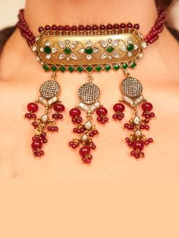 Malaiyyo - 18K Gold Plated Emerald Ruby Polki Antique Choker Necklace with Earring