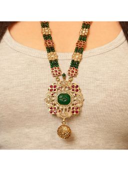 Malaiyyo - 22K Gold Plated Antique Polki Green Pendant Long Necklace with Earrings
