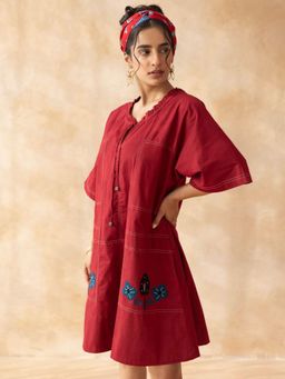 MoonTara - Deep Maroon Cotton Knee-Length Dress