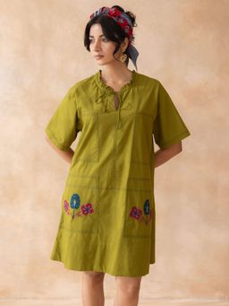 MoonTara - Dark Olive Cotton Knee-Length Dress