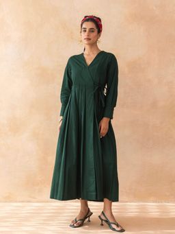 MoonTara - Cotton Wrap Dark Green Midi Dress