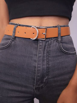 Pipa Bella by Nykaa Fashion - Tan Faux Leather Silver Square Buckle Belt