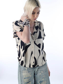 ONLY - Women Abstract Blend Loose Fit Beige Shirt