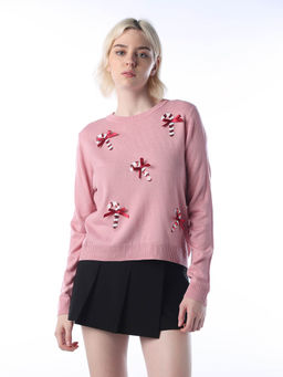 ONLY - Women Self Design Regular Fit Pink Sweater