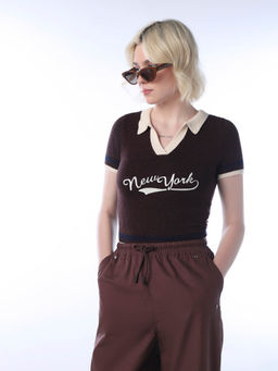 ONLY - Women Typography Slim Fit Brown T-shirt