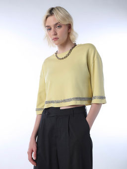 ONLY - Women Embellished Boxy Yellow T-shirt