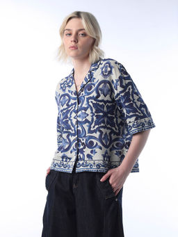 ONLY - Women Abstract Blend Loose Fit Blue Shirt