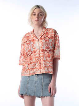 ONLY - Women Abstract Blend Loose Fit Orange Shirt