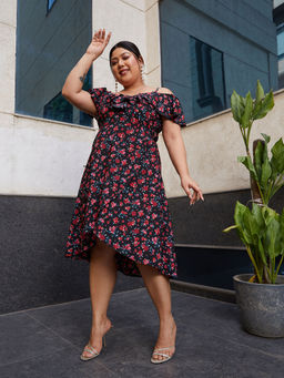 KASSUALLY - CURVE BY KASSUALLY Black Ditsy Floral Strappy High Low Dress