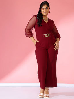 KASSUALLY - CURVE BY KASSUALLY Maroon Mesh Net Full Sleeve Jumpsuit