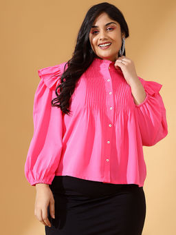 KASSUALLY - CURVE BY KASSUALLY Pink Mandarin Collar Puff Sleeve Boxy Shirt