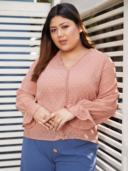 KASSUALLY - CURVE BY KASSUALLY Peach Dobby V-Neck Laced Top