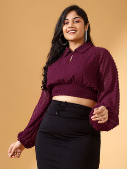 KASSUALLY - CURVE BY KASSUALLY Maroon Dobby Collar Neck Crop Top
