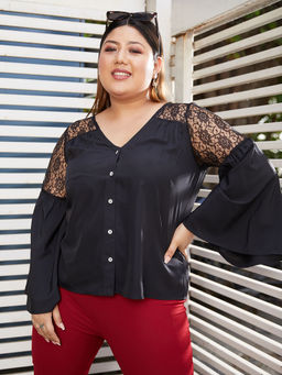 KASSUALLY - CURVE BY KASSUALLY Black V-Neck Flayer Sleeve Yoke Mesh Net Top