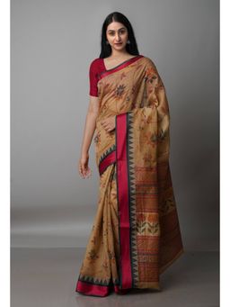 Unnati Silks - Beige Block Printed Sico Saree with Unstitched Blouse