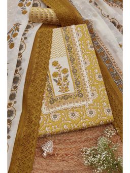 Soch - Womens Mustard Cotton Foil Print Unstitched Dress Material (Set of 3)