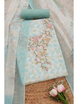 Soch - Womens Turquoise Blue Linen Geometric Print Unstitched Dress Material (Set of 3)