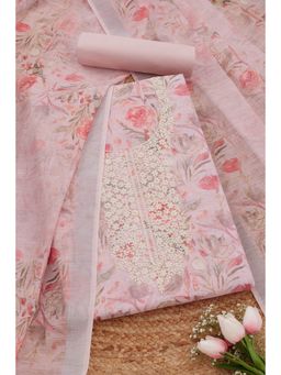 Soch - Womens Pink Linen Botanical Print Unstitched Dress Material (Set of 3)