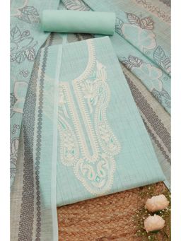 Soch - Womens Turquoise Blue Linen Foil Print Unstitched Dress Material (Set of 3)
