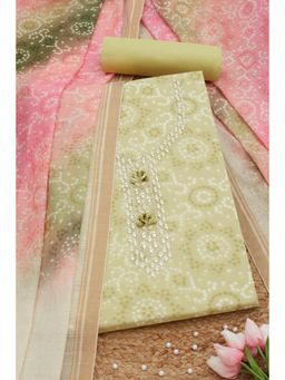 Soch - Womens Light Green Linen Bandhani Print Unstitched Dress Material (Set of 3)