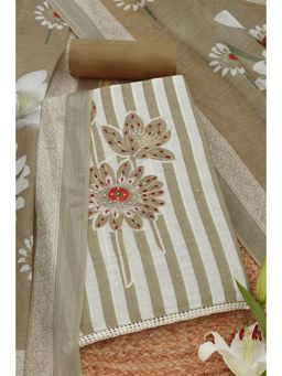 Soch - Womens Olive Cotton Striped Unstitched Dress Material (Set of 3)