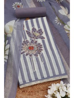 Soch - Womens Grey Cotton Striped Unstitched Dress Material (Set of 3)