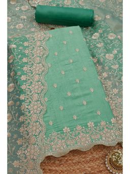 Soch - Womens Turquoise Blue Crushed Silk Embroidered Unstitched Dress Material (Set of 3)