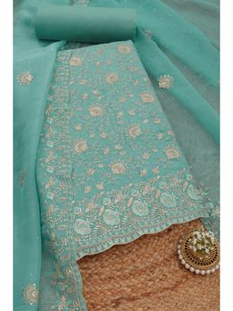 Soch - Womens Turquoise Blue Crushed Silk Embroidered Unstitched Dress Material (Set of 3)